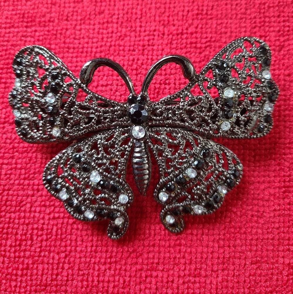 Elegant Silver & Black Butterfly Barrette